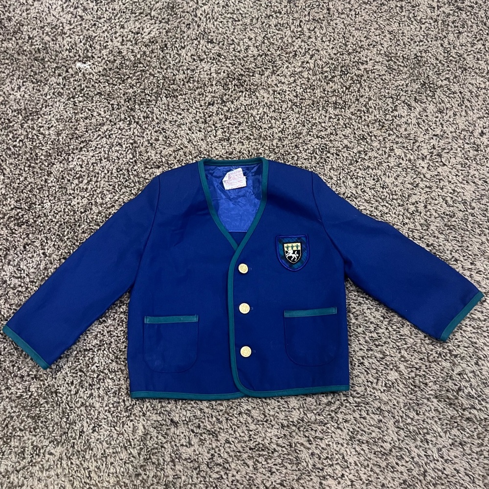 Vintage Boys Navy Blue School Blazer Jacket with Green Trim